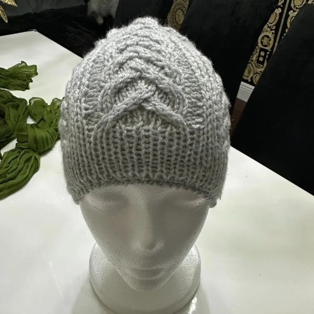 Handmade Gray Chunky Knit Hat with Braided Cable Pattern